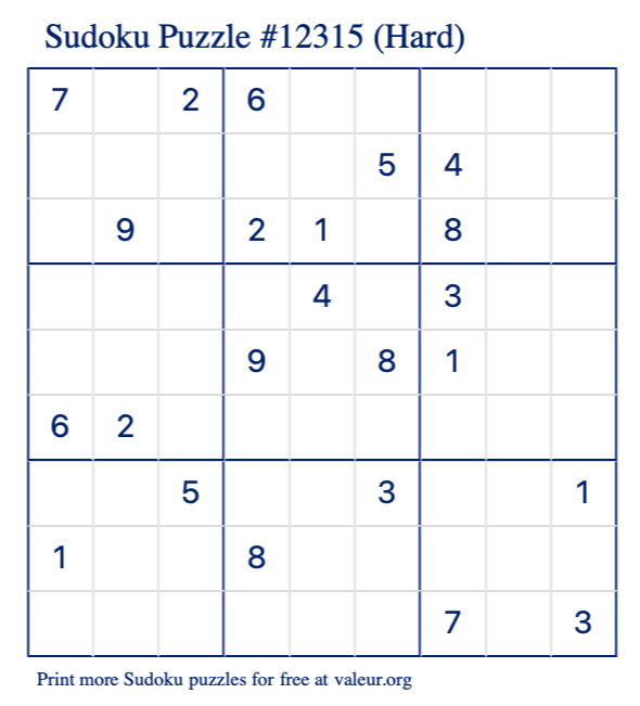 Free Printable Hard Sudoku Puzzle number 12315