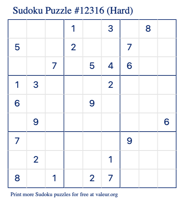 Free Printable Hard Sudoku Puzzle number 12316