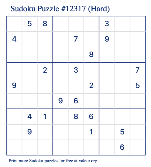 Free Printable Hard Sudoku Puzzle number 12317