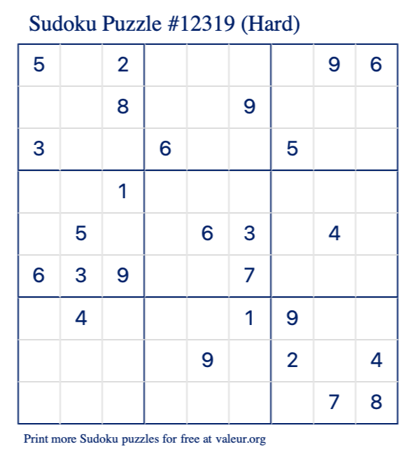 Free Printable Hard Sudoku Puzzle number 12319