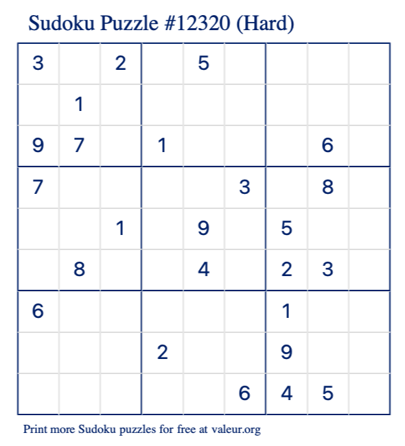 Free Printable Hard Sudoku Puzzle number 12320