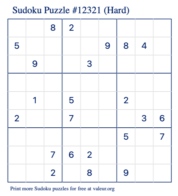 Free Printable Hard Sudoku Puzzle number 12321