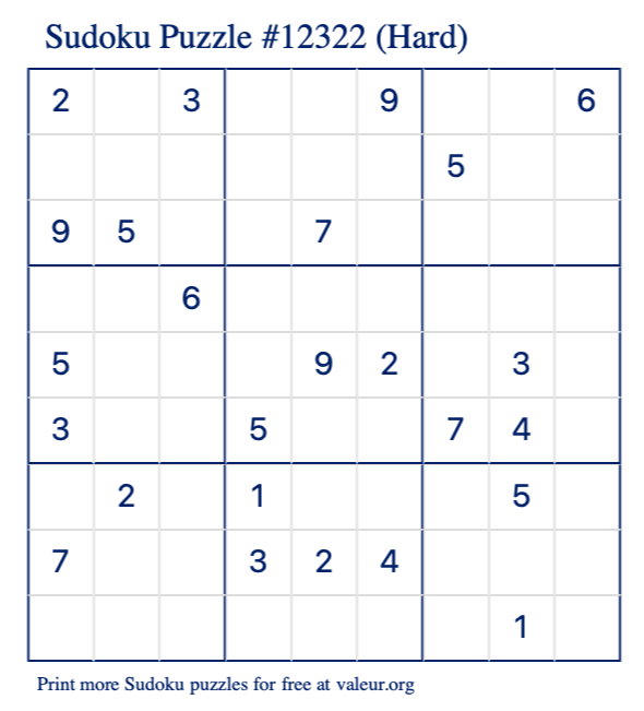 Free Printable Hard Sudoku Puzzle number 12322