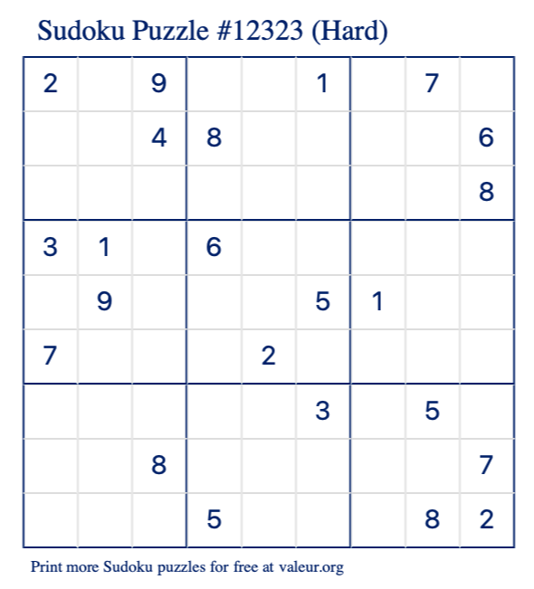 Free Printable Hard Sudoku Puzzle number 12323