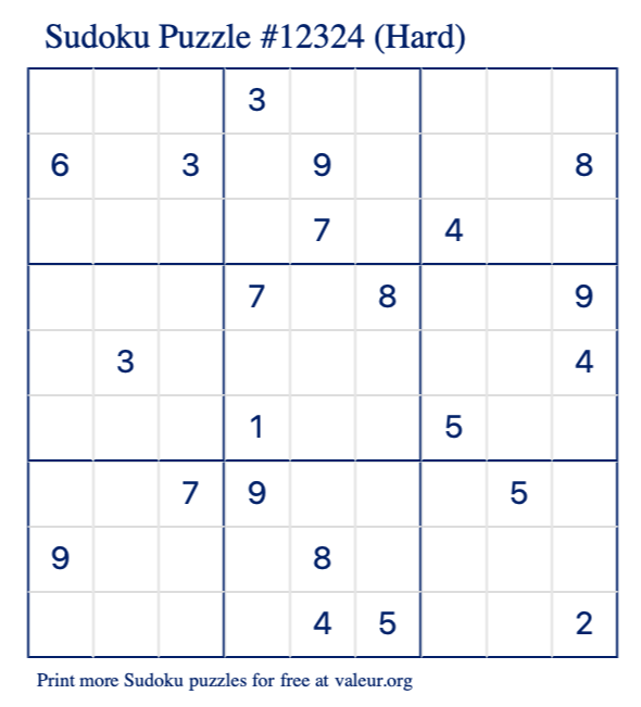 Free Printable Hard Sudoku Puzzle number 12324