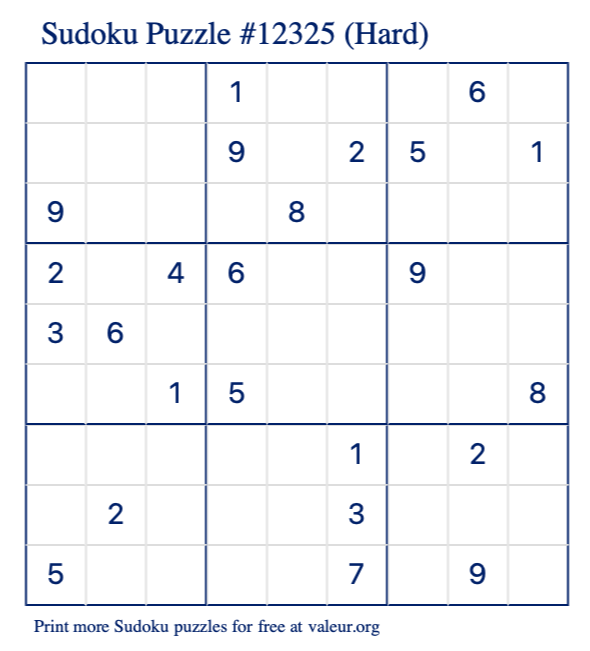 Free Printable Hard Sudoku Puzzle number 12325