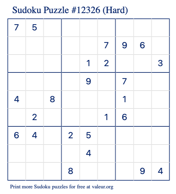 Free Printable Hard Sudoku Puzzle number 12326