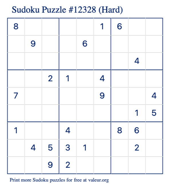 Free Printable Hard Sudoku Puzzle number 12328