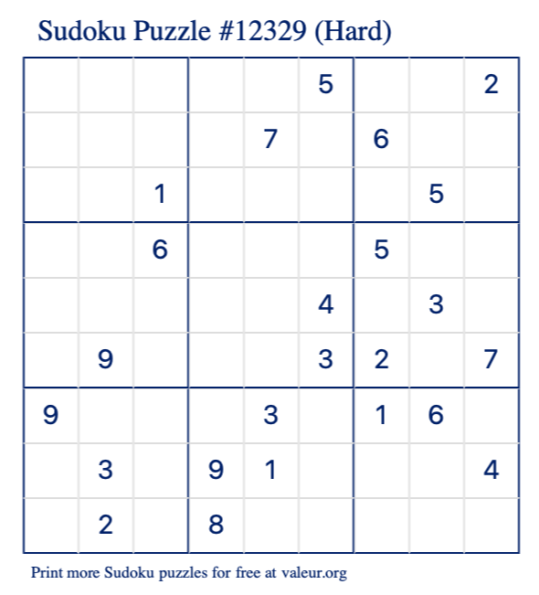 Free Printable Hard Sudoku Puzzle number 12329