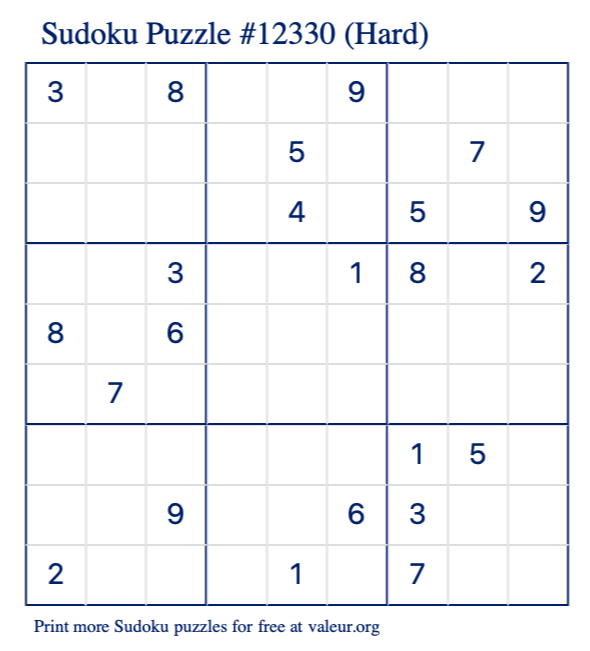 Free Printable Hard Sudoku Puzzle number 12330