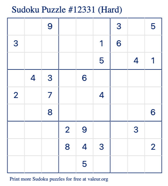 Free Printable Hard Sudoku Puzzle number 12331