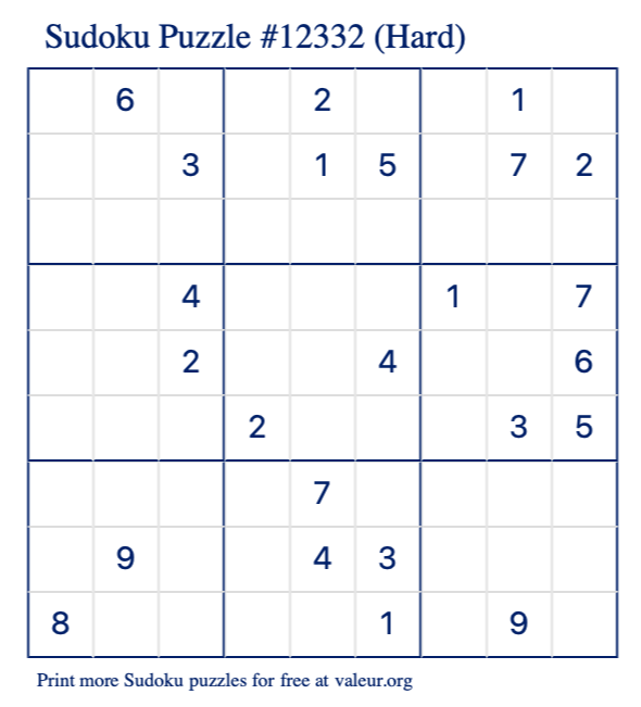 Free Printable Hard Sudoku Puzzle number 12332