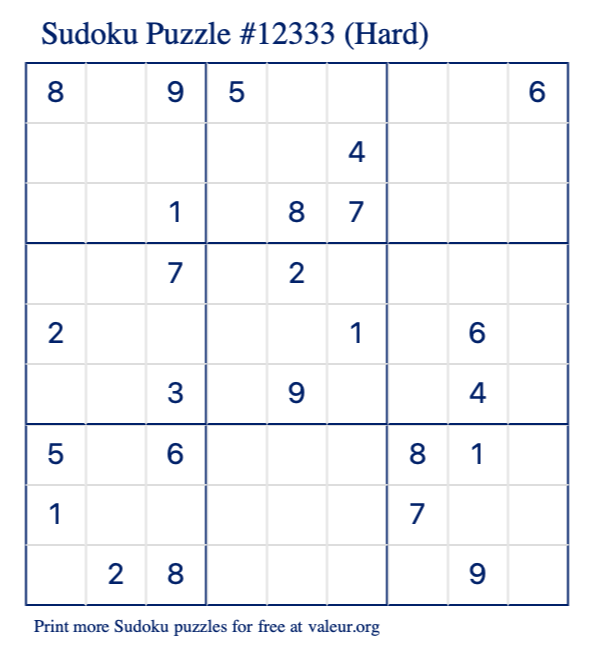 Free Printable Hard Sudoku Puzzle number 12333