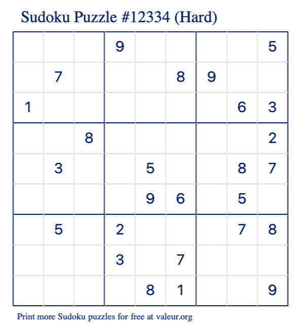 Free Printable Hard Sudoku Puzzle number 12334