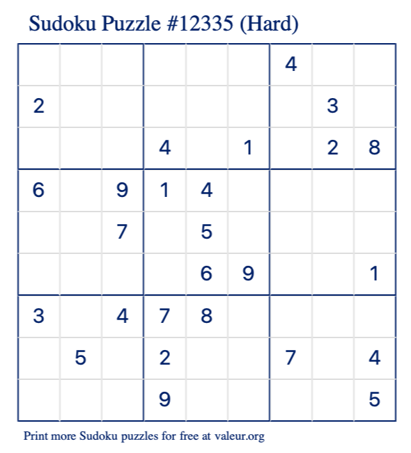 Free Printable Hard Sudoku Puzzle number 12335