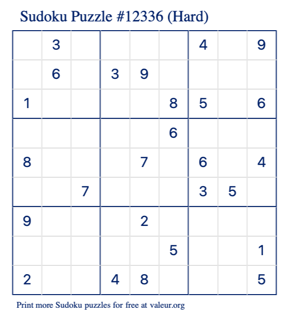 Free Printable Hard Sudoku Puzzle number 12336