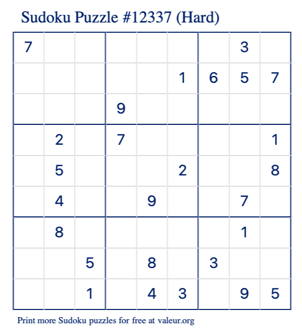 Free Printable Hard Sudoku Puzzle number 12337