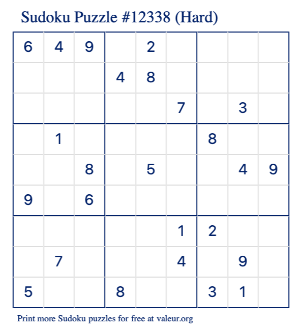 Free Printable Hard Sudoku Puzzle number 12338