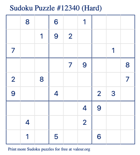 Free Printable Hard Sudoku Puzzle number 12340