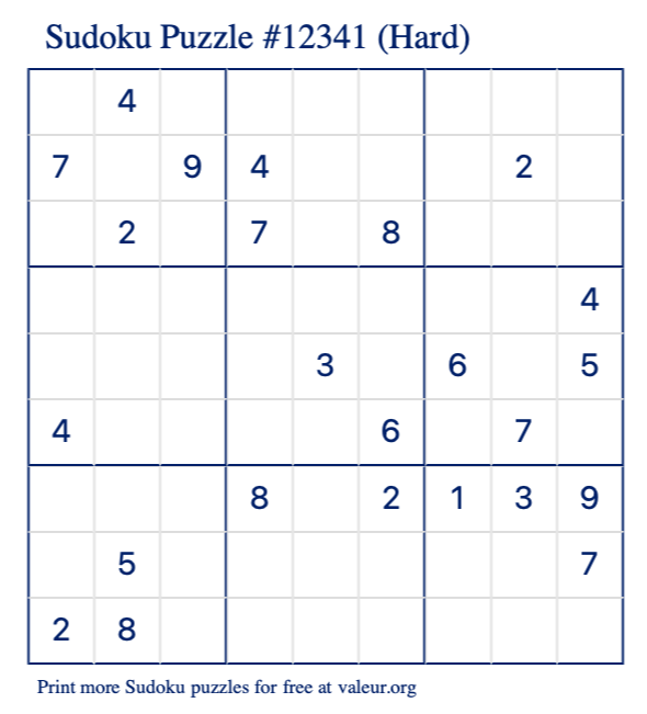 Free Printable Hard Sudoku Puzzle number 12341