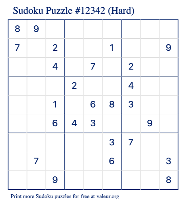 Free Printable Hard Sudoku Puzzle number 12342