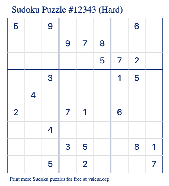 Free Printable Hard Sudoku Puzzle number 12343