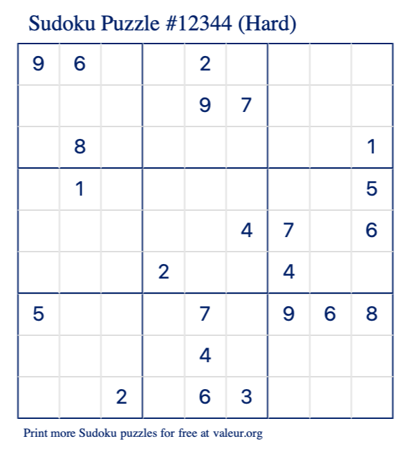 Free Printable Hard Sudoku Puzzle number 12344