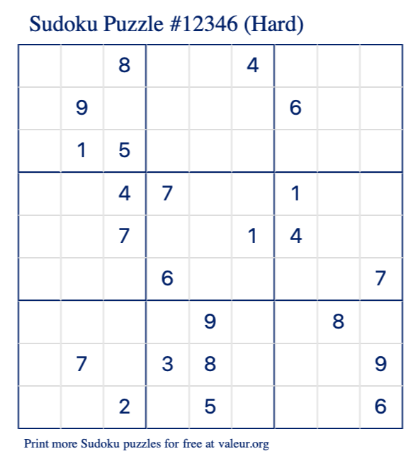 Free Printable Hard Sudoku Puzzle number 12346