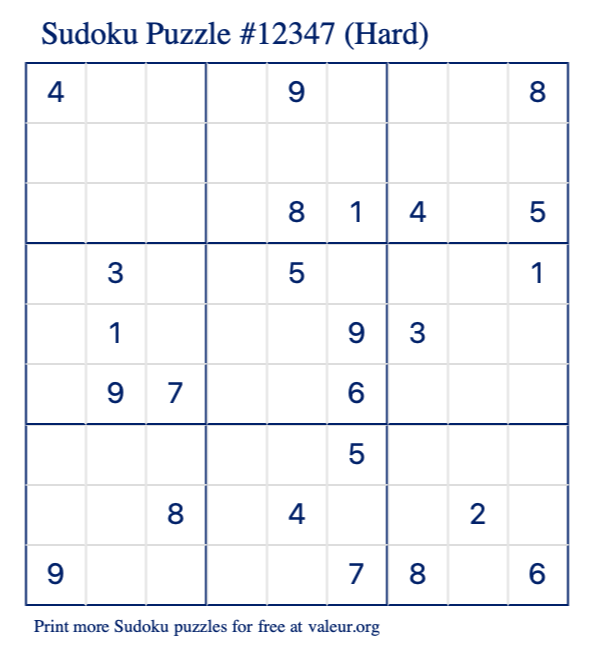 Free Printable Hard Sudoku Puzzle number 12347