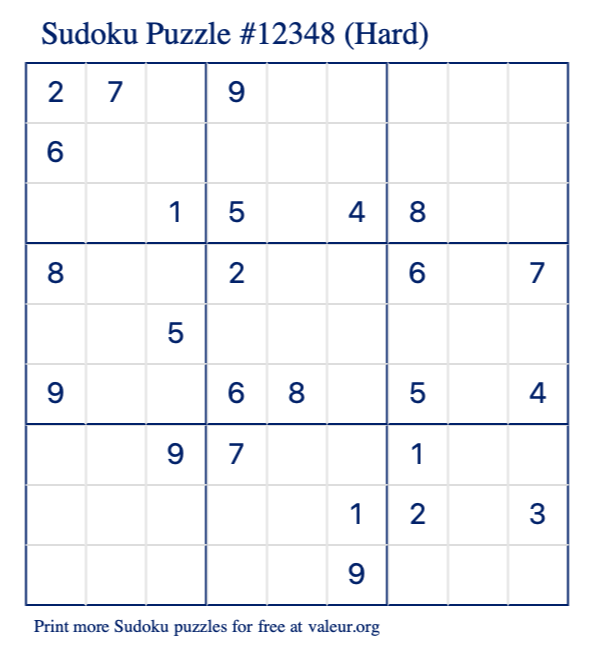 Free Printable Hard Sudoku Puzzle number 12348