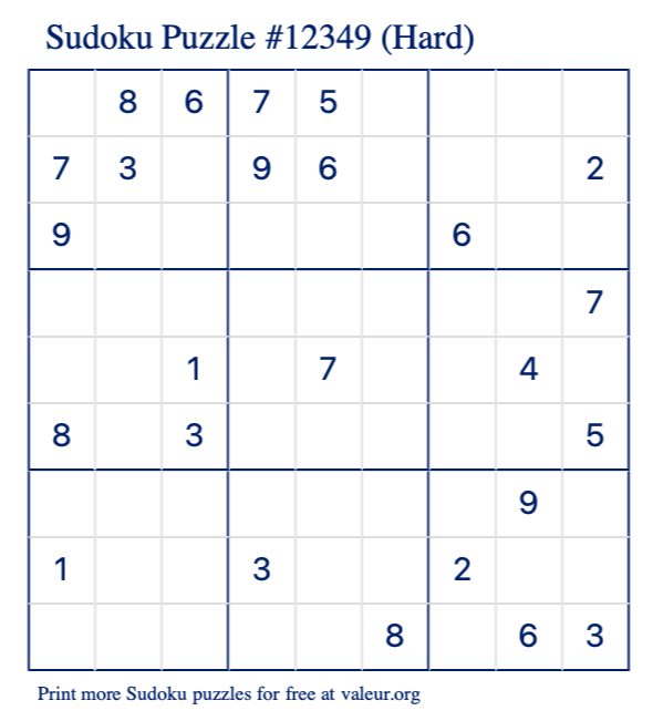 Free Printable Hard Sudoku Puzzle number 12349