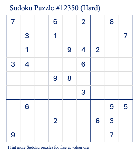 Free Printable Hard Sudoku Puzzle number 12350