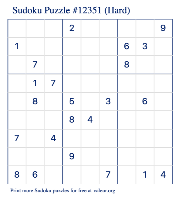 Free Printable Hard Sudoku Puzzle number 12351