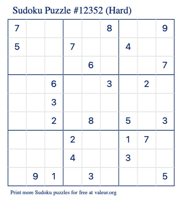 Free Printable Hard Sudoku Puzzle number 12352