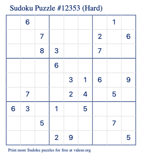 Free Printable Hard Sudoku Puzzle number 12353