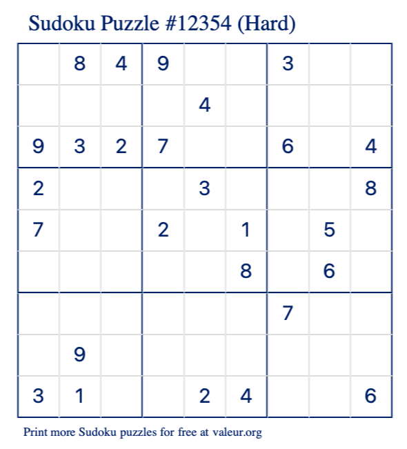 Free Printable Hard Sudoku Puzzle number 12354