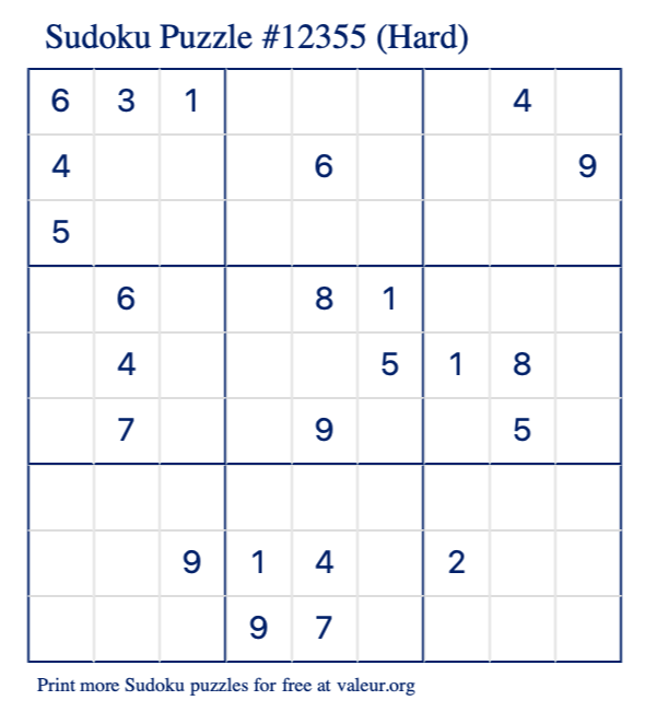 Free Printable Hard Sudoku Puzzle number 12355