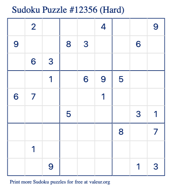 Free Printable Hard Sudoku Puzzle number 12356