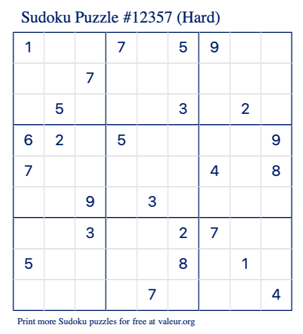 Free Printable Hard Sudoku Puzzle number 12357