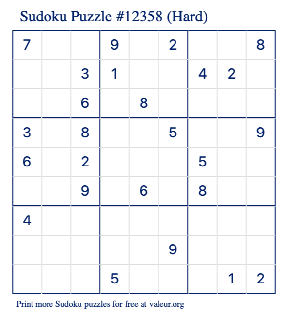 Free Printable Hard Sudoku Puzzle number 12358