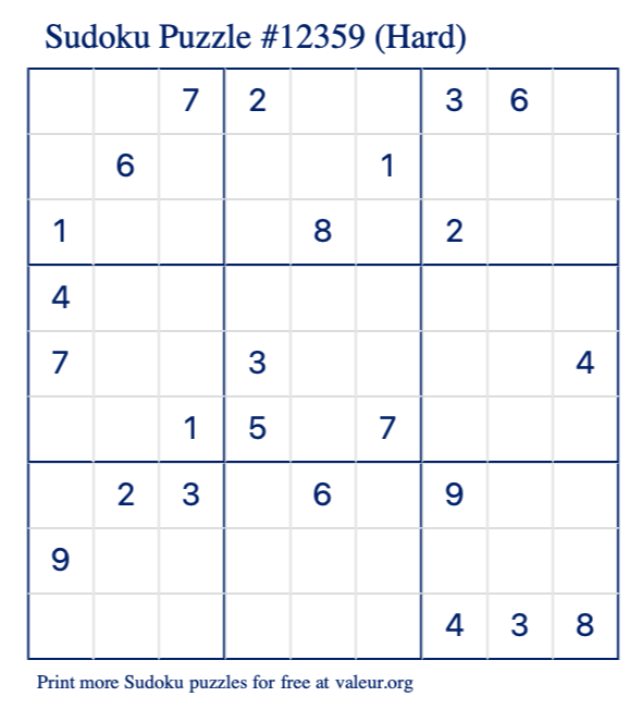 Free Printable Hard Sudoku Puzzle number 12359