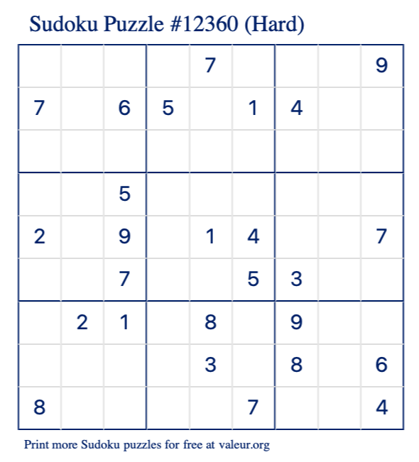 Free Printable Hard Sudoku Puzzle number 12360