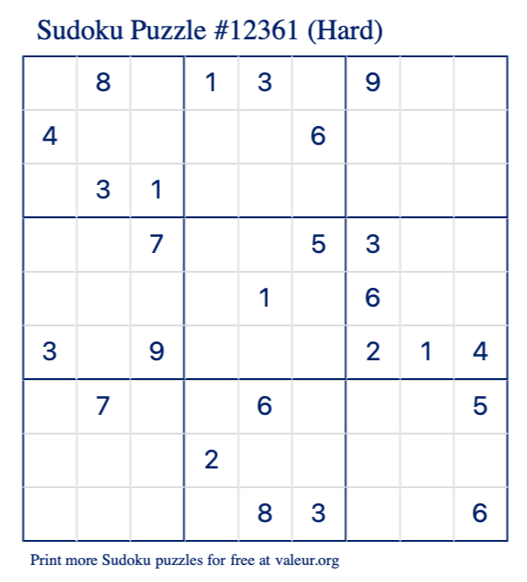 Free Printable Hard Sudoku Puzzle number 12361