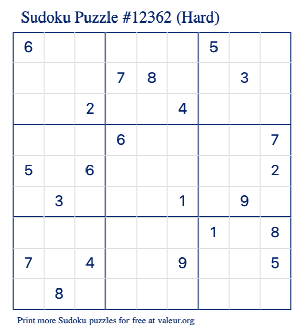 Free Printable Hard Sudoku Puzzle number 12362