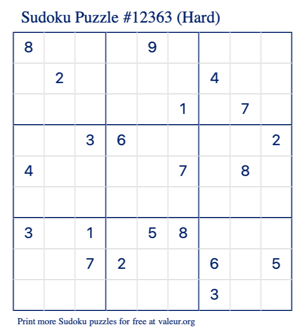 Free Printable Hard Sudoku Puzzle number 12363