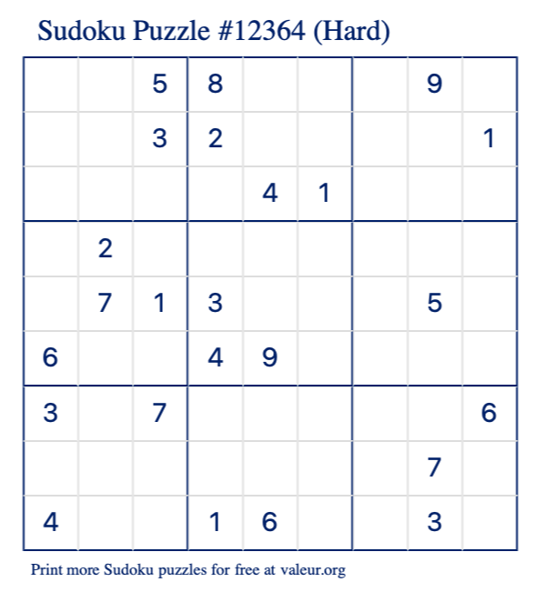 Free Printable Hard Sudoku Puzzle number 12364