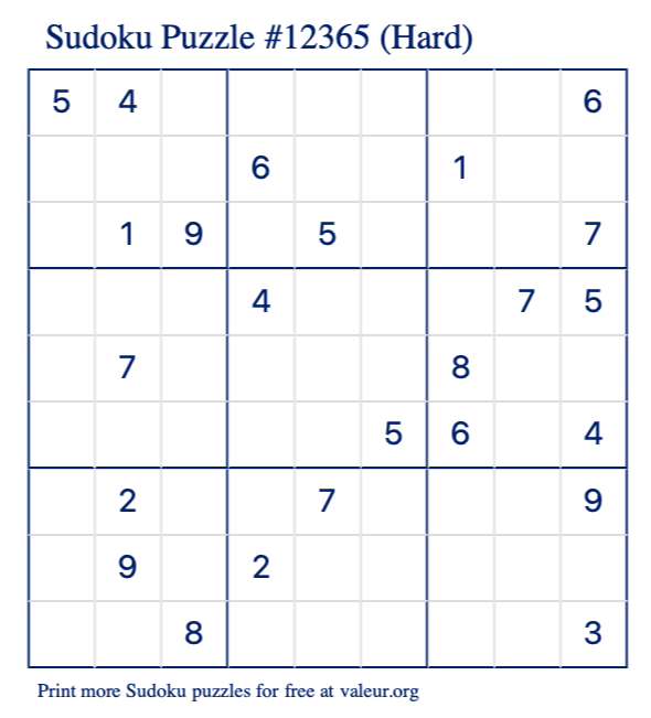 Free Printable Hard Sudoku Puzzle number 12365