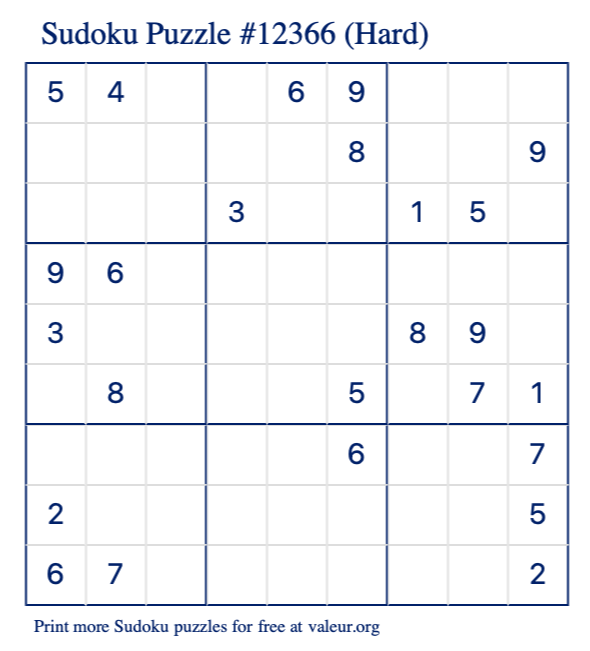 Free Printable Hard Sudoku Puzzle number 12366