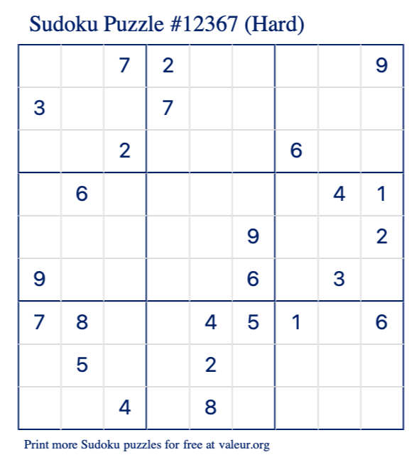 Free Printable Hard Sudoku Puzzle number 12367