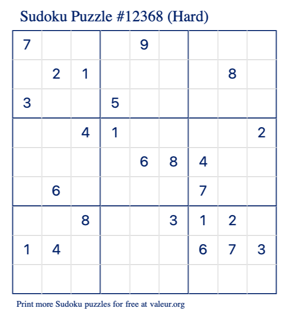 Free Printable Hard Sudoku Puzzle number 12368